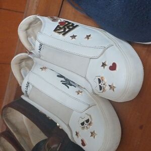 Women Sz 7 White Sneakers with Gold Accents. Karl LAGERFIELD
